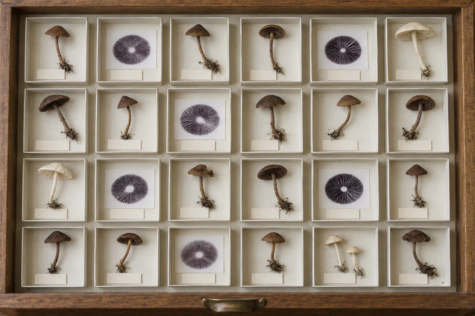 A wooden museum drawer with a grid of card trays, each holding a dried brown or white mushroom or a dark spore print