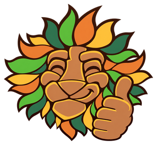 The Dutch-Smart mascot, a lion head giving a thumbs up
